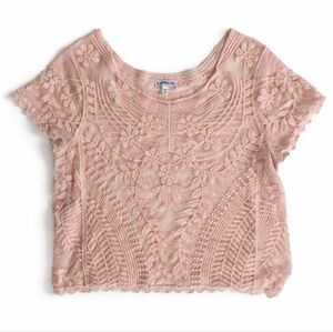 Express Sheer Embroidered Lace Crew Neck Top in soft Pink sz M